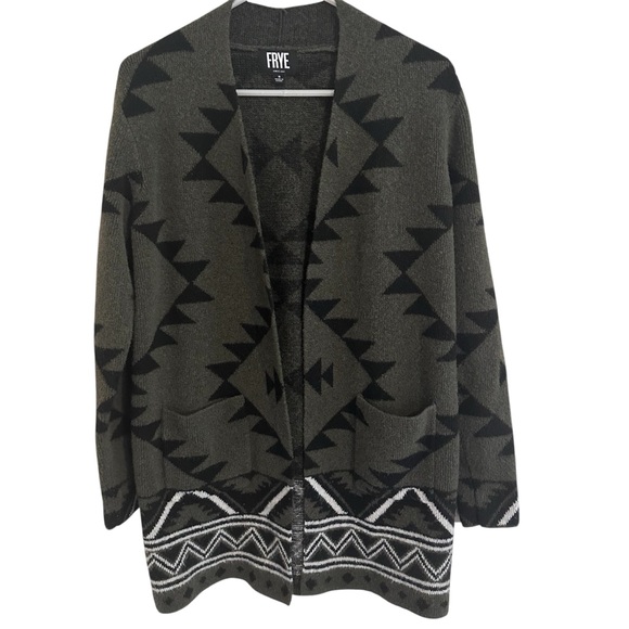 Frye Green & Black Tribal Print Open Front Cardigan Pockets Size Small - Picture 1 of 6